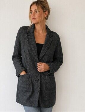 LANDS' END Women's Size 1X Gray Black Herringbone Open Front Blazer Jacket Coat